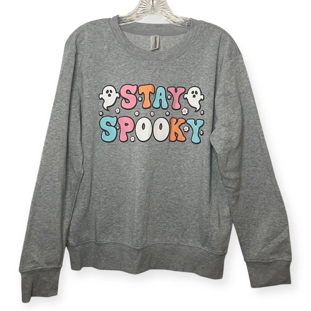 Stay Spooky‎ Halloween Ghost Sweatshirt Gray Crewneck Pullover Large Cozy Fall L